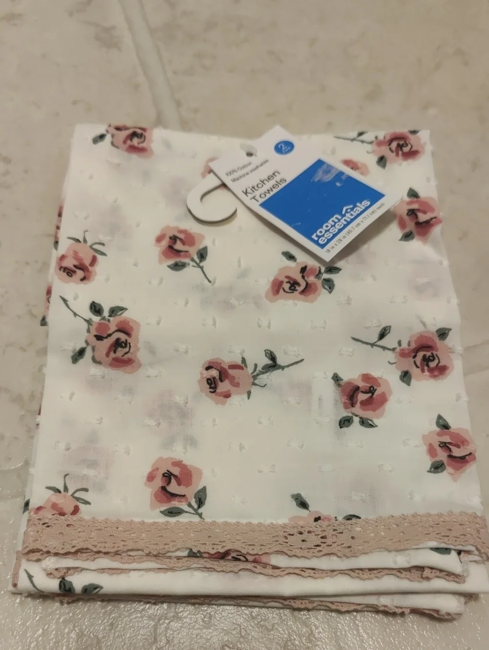 New!2pc Room Essentials Pink Rose Print Cotton Kitchen Towels Shabby Chic Y2K